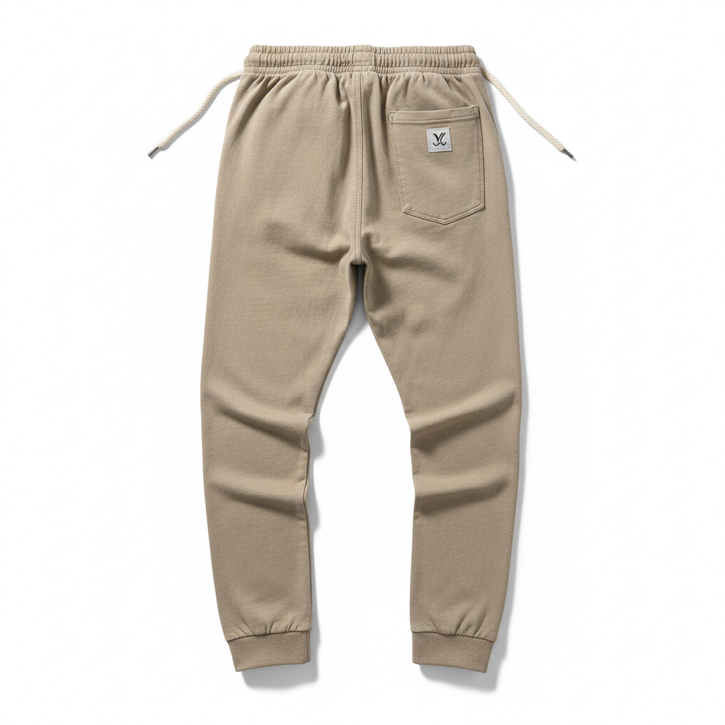 Men's casual pants flat lay on white background